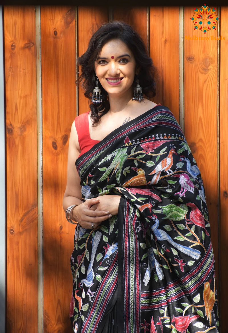Rima - Bangalore silk Pakhi Kantha Embroidery Saree