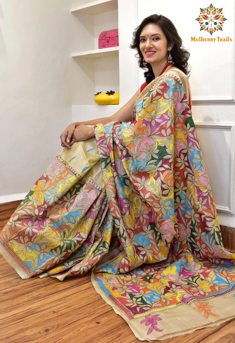 Rima - Reverse Kantha Multicolored Embroidery Saree