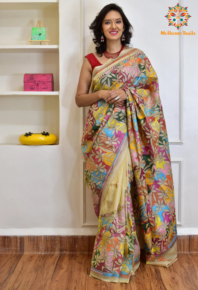 Rima - Reverse Kantha Multicolored Embroidery Saree