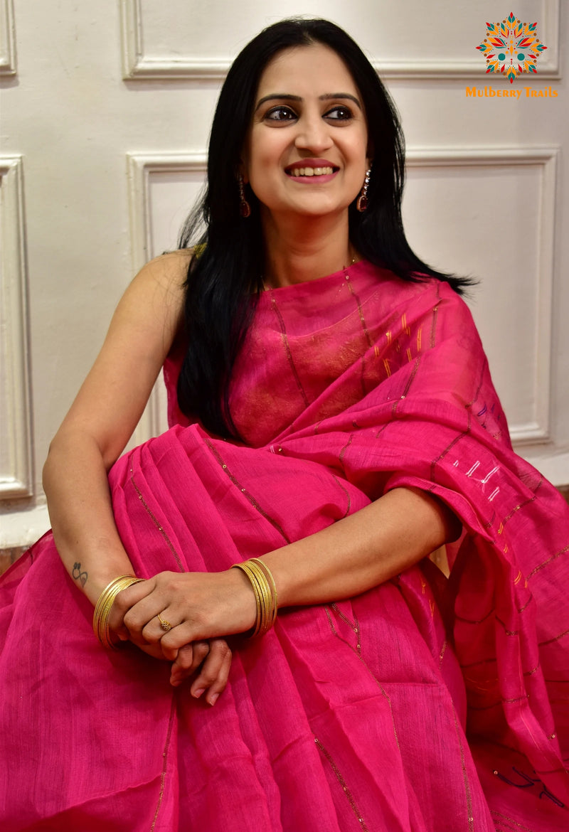 Shivani: Sequin Cotton Silk Handwoven Saree- Fuschia Pink
