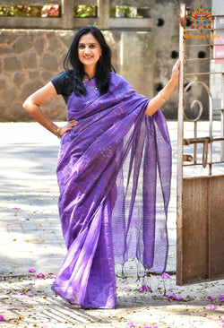 Shivani: Sequin Cotton Silk Handwoven Saree- Purple