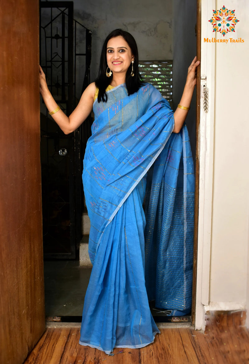 Shivani: Sequin Cotton Silk Handwoven Saree- Blue
