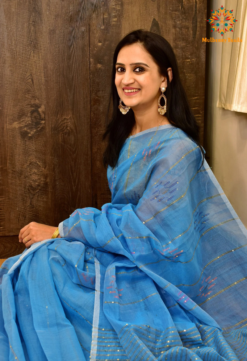 Shivani: Sequin Cotton Silk Handwoven Saree- Blue