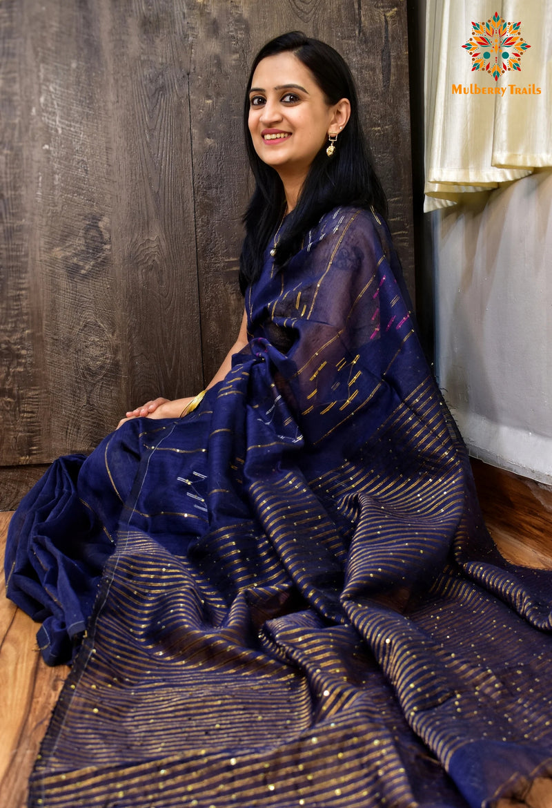 Shivani: Sequin Cotton Silk Handwoven Saree- Navy