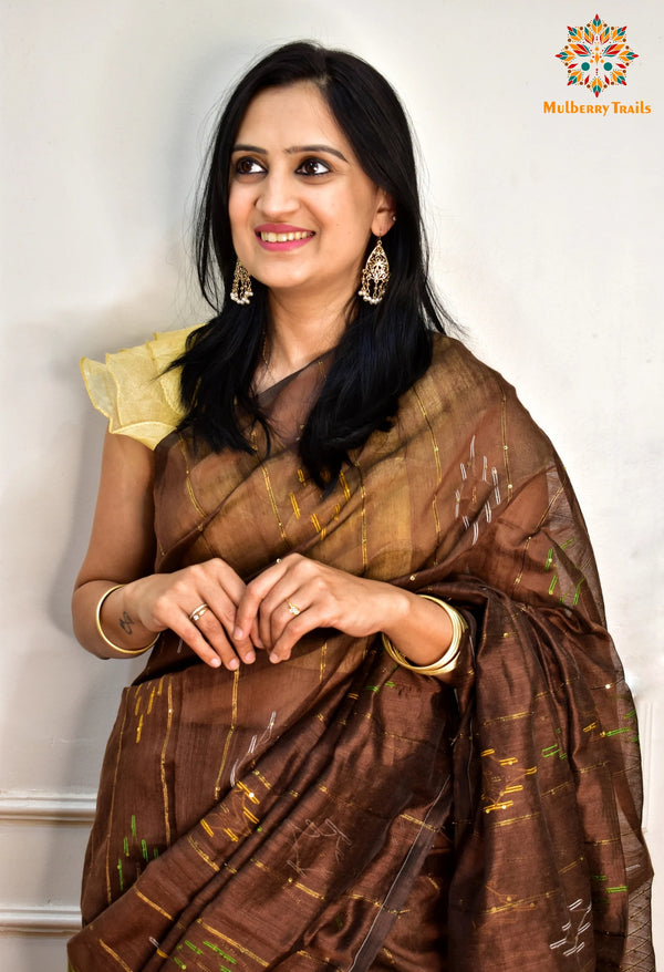 Shivani: Sequin Cotton Silk Handwoven Saree- Brown
