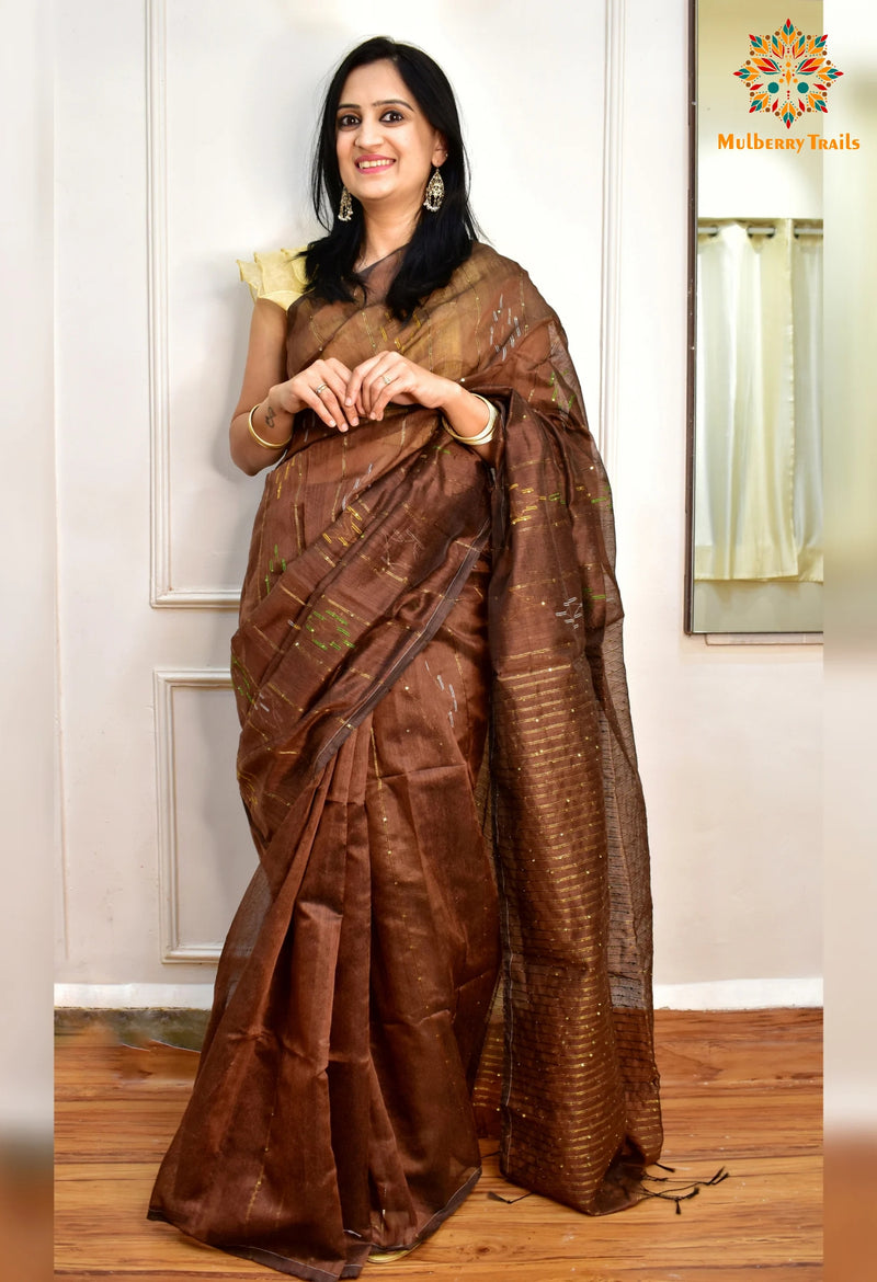 Shivani: Sequin Cotton Silk Handwoven Saree- Brown