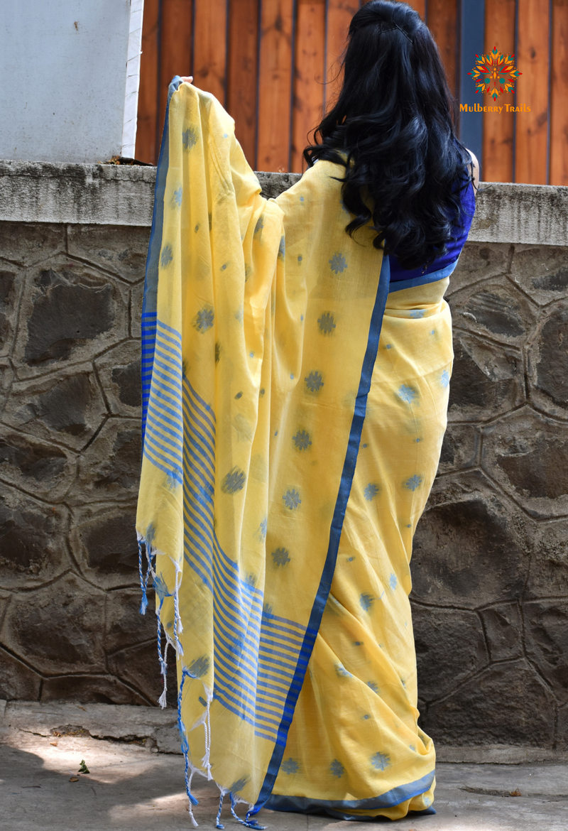 Aravi: Flowy Summer Cotton Saree Yellow Blue