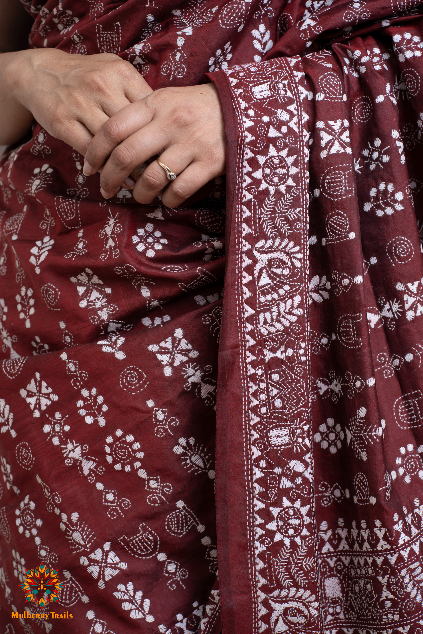 Rima - Maroon Bangalore Silk Kantha Embroidery Saree