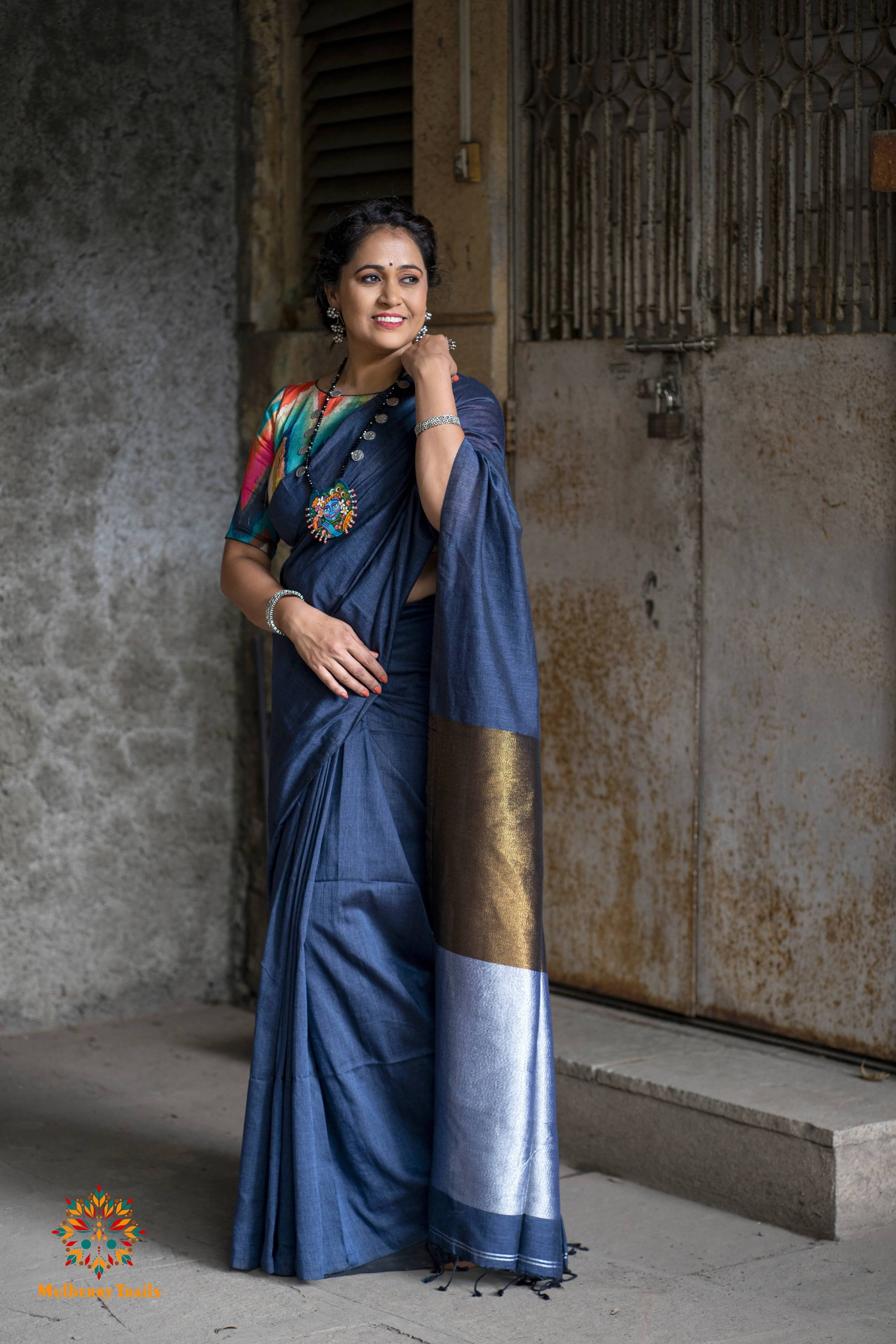 Achala : Cotton Handloom Saree zari pallu - Deep Blue