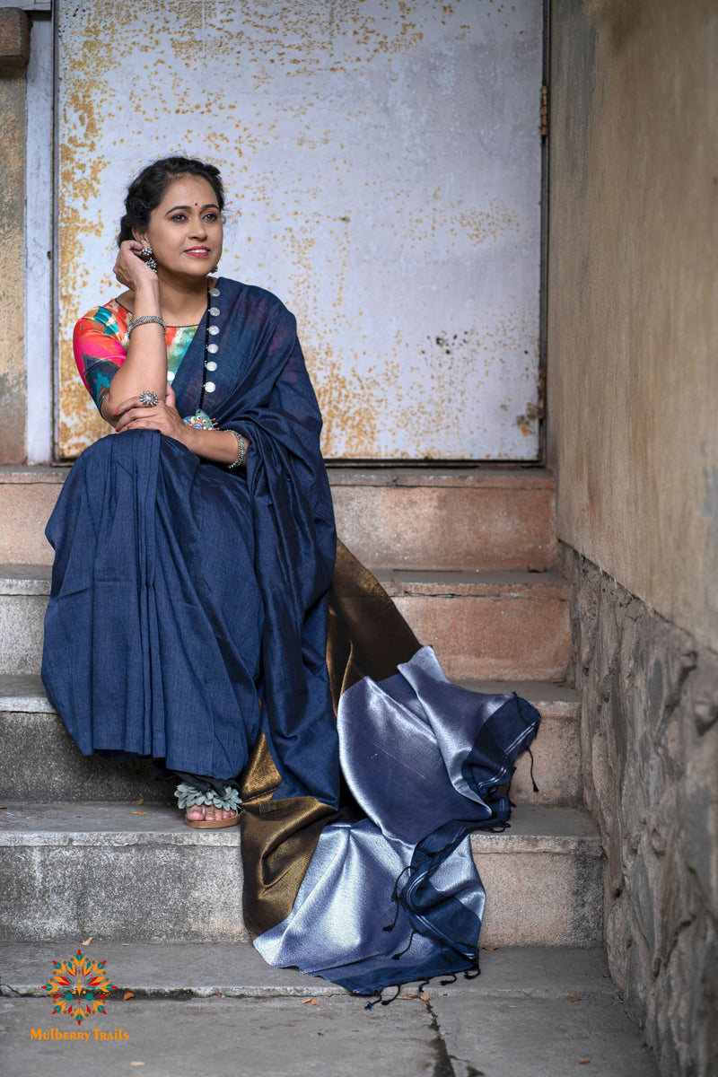 Achala : Cotton Handloom Saree zari pallu - Deep Blue