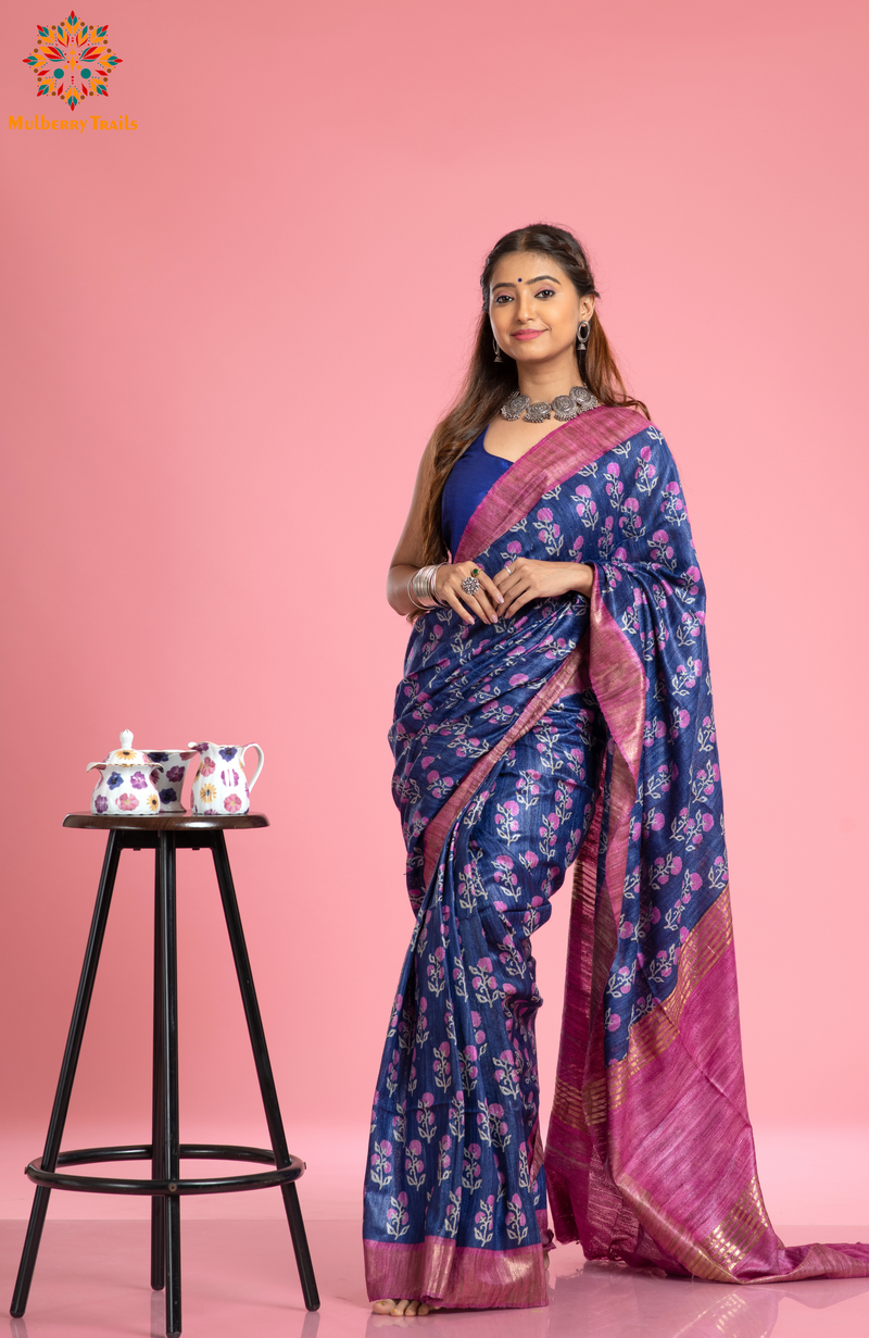 Indooja: Printed Ghicha Tusser Silk Saree - Blue Pink
