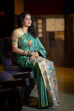 Pavani: Handpainted Madhubani Pallu Saree - Green