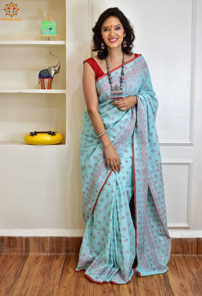 Shipra: Flowy Summer Cotton Saree Turquoise Red