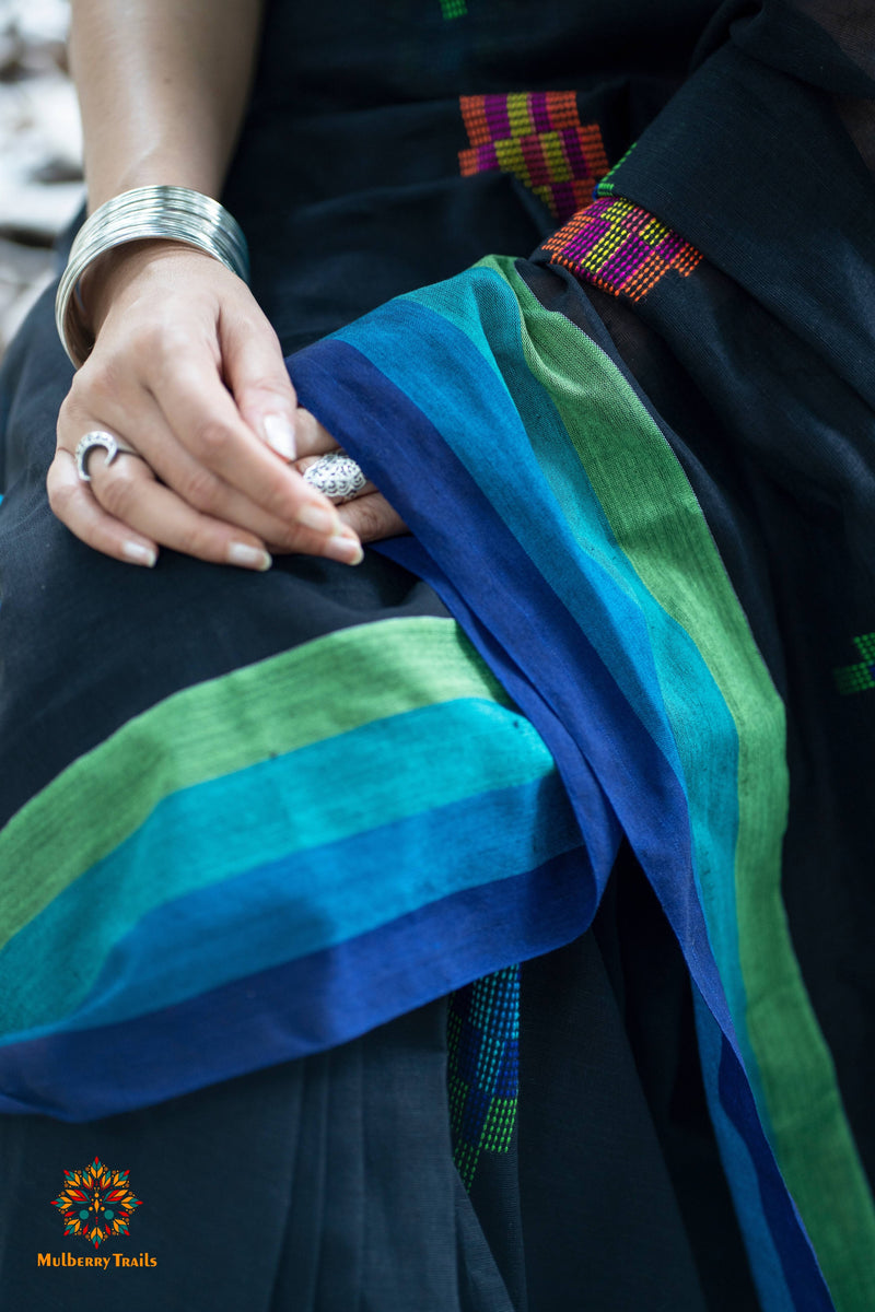 Indradhanu: Cotton Handloom Saree Rainbow Border- Black