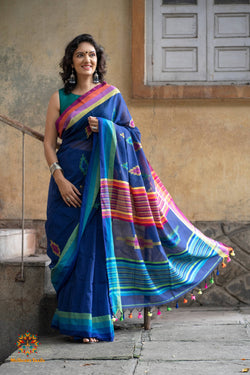 Indradhanu: Cotton Handloom Saree Rainbow Border - Deep Blue
