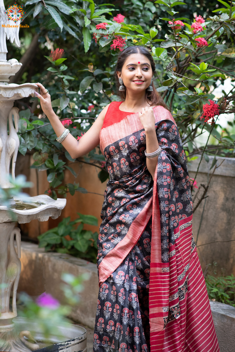 Indooja: Printed Ghicha Tusser Silk Saree - Black Red