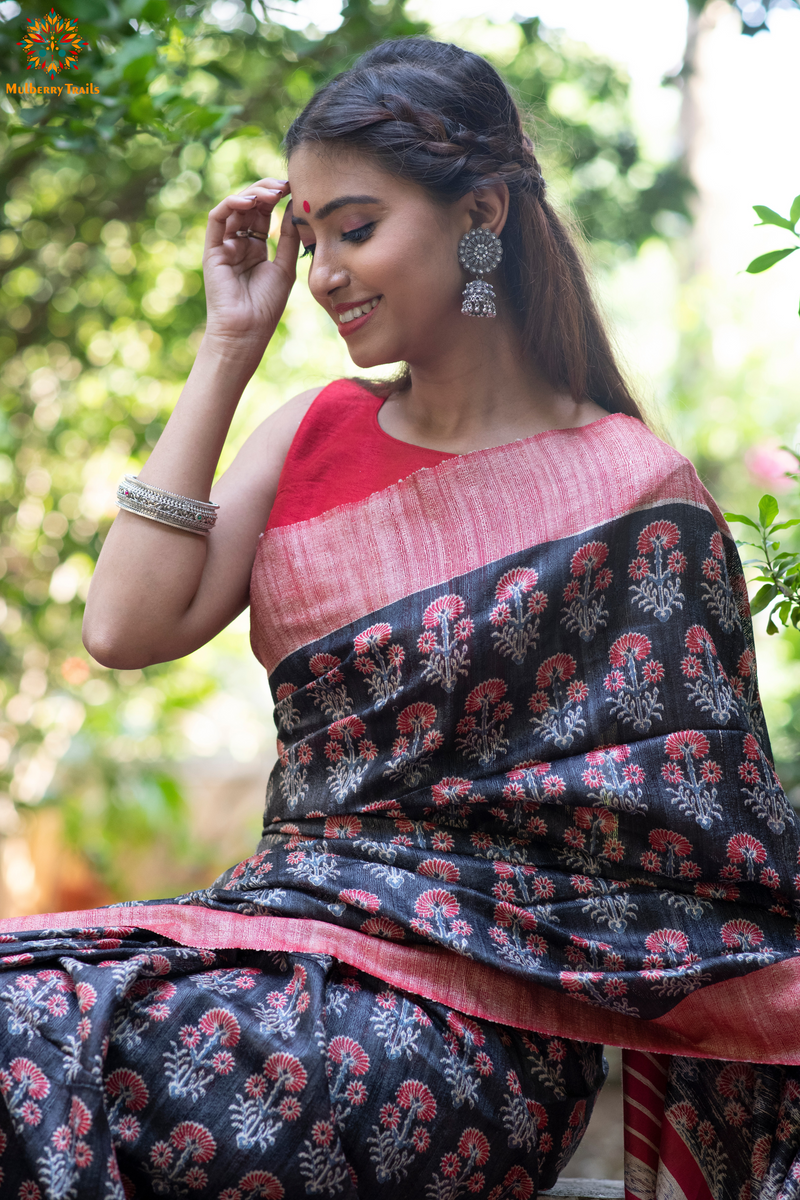 Indooja: Printed Ghicha Tusser Silk Saree - Black Red
