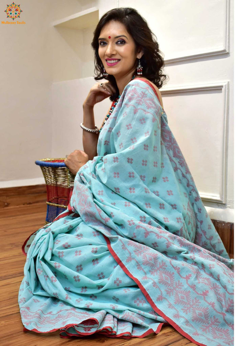 Shipra: Flowy Summer Cotton Saree Turquoise Red