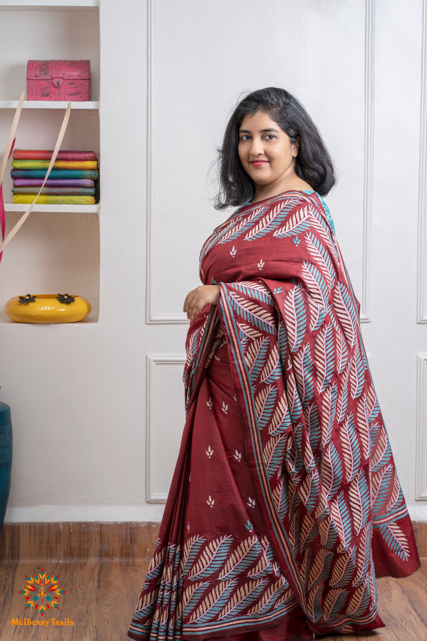 Rima - Maroon Bangalore Silk Kantha Embroidery Saree