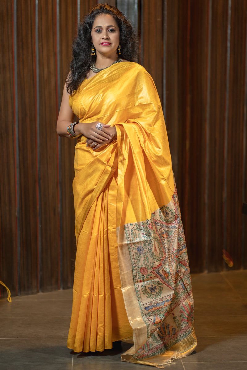 Pavani: Handpainted Madhubani Pallu Saree - Yellow