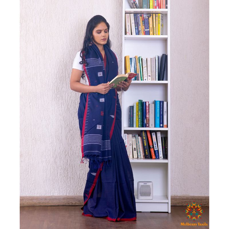 Cotton Handloom Jamdani Saree - Navy