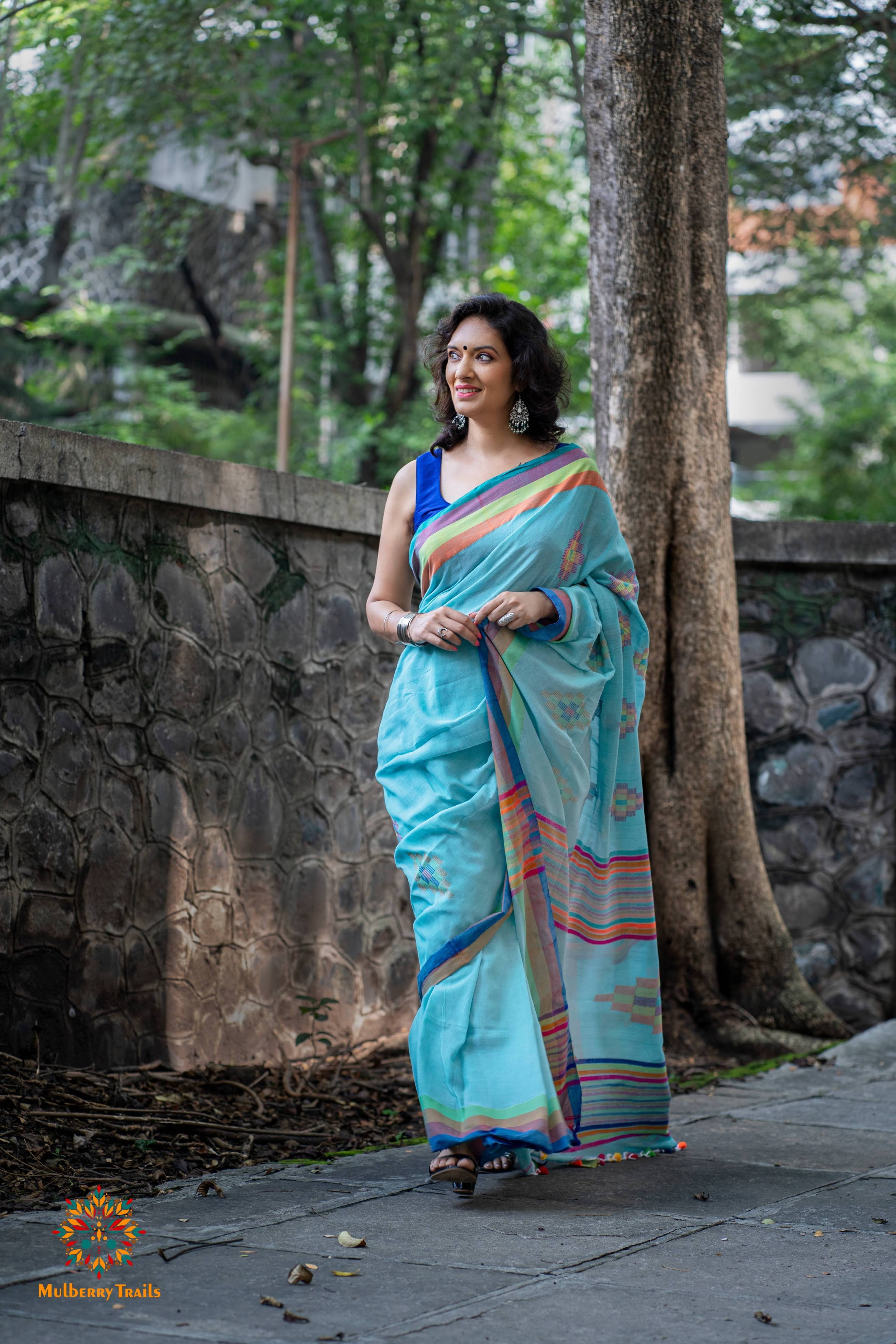 Indradhanu: Cotton Handloom Saree Rainbow Border - Light Blue