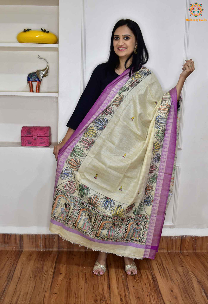 Hand-painted Madhubani Dupatta - Purple
