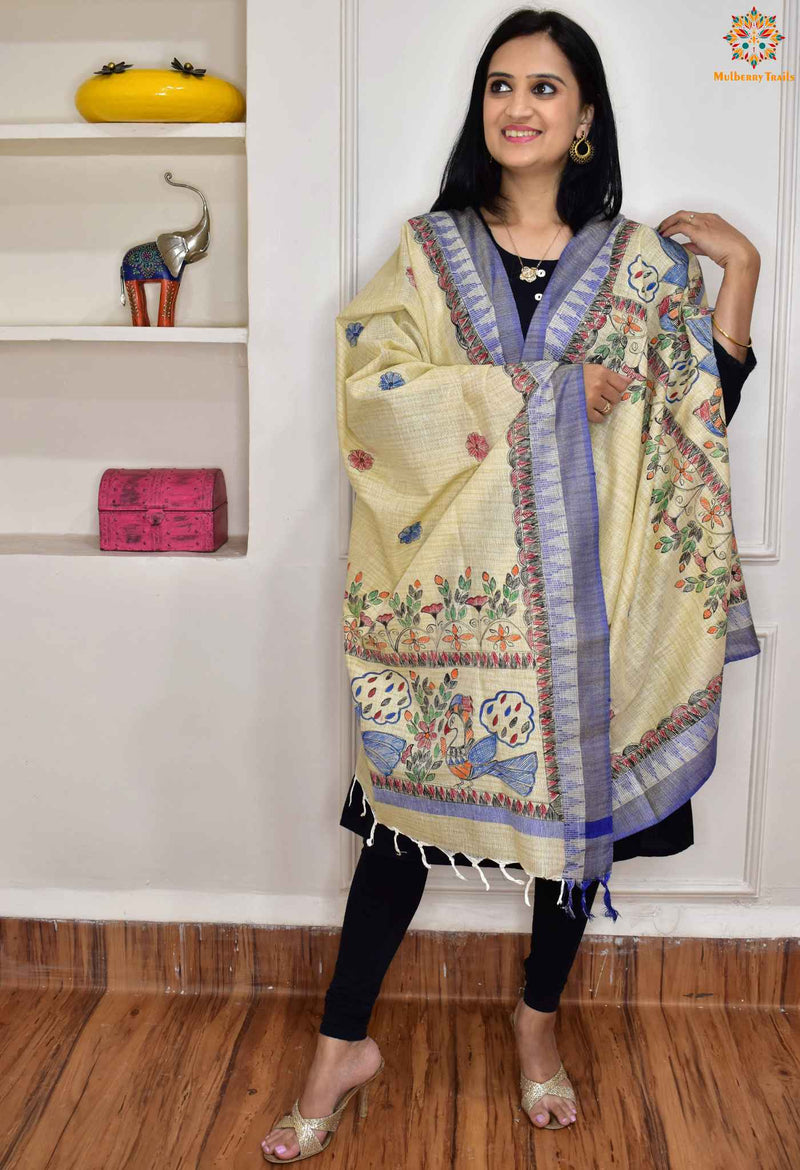 Hand-painted Madhubani Dupatta - Blue