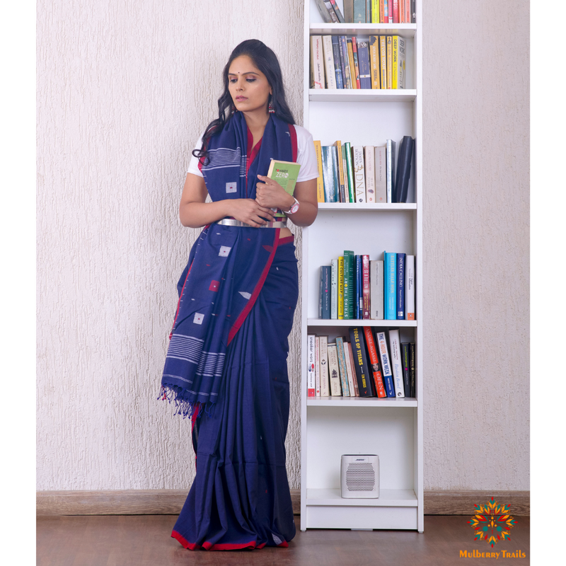 Cotton Handloom Jamdani Saree - Navy