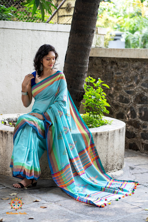 Indradhanu: Cotton Handloom Saree Rainbow Border - Light Blue