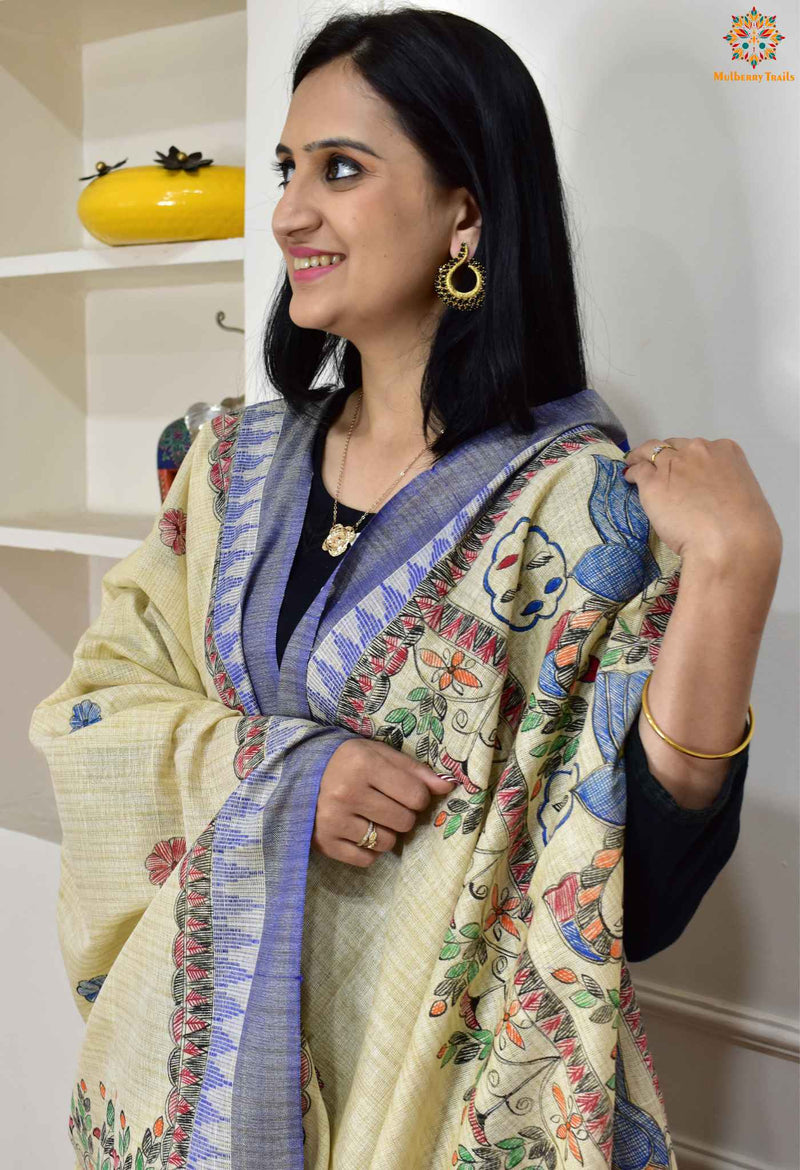 Hand-painted Madhubani Dupatta - Blue