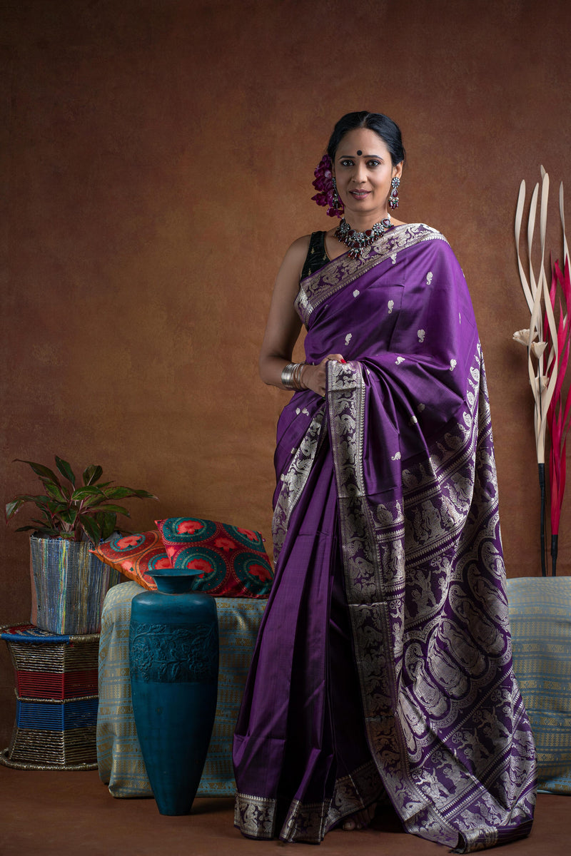 Purple Pure Tussar Georgette Silk Banarasi Handloom Saree - Tilfi