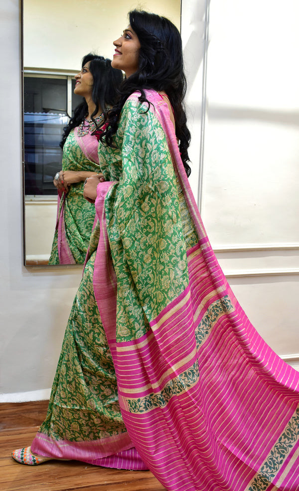Indooja: Printed Ghicha Tusser Silk Saree - Green Pink