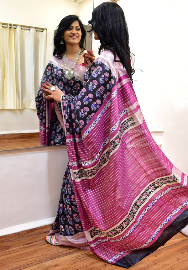 Indooja: Printed Ghicha Tusser Silk Saree - Black Purple