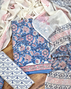 Trikaya Cotton Dress Material with Cotton dupatta - Blue