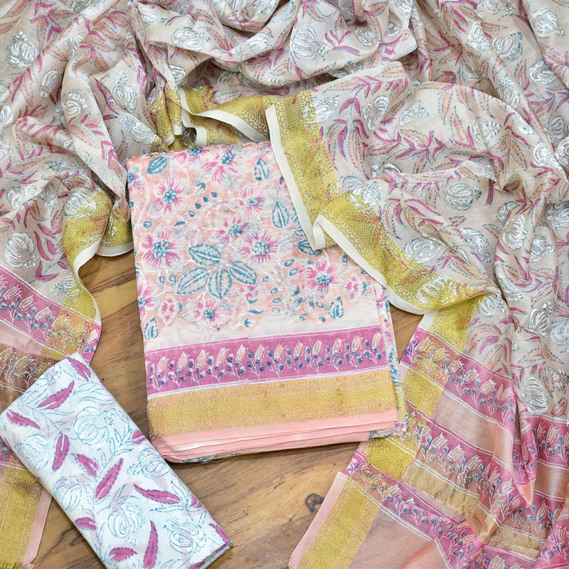 Maheshwari Dress Material with Cotton Salwar - Light Pink