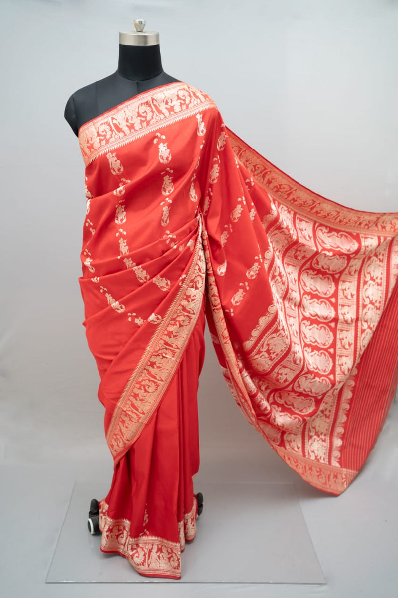 Tomato Red Coloured Resham Silk Baluchari