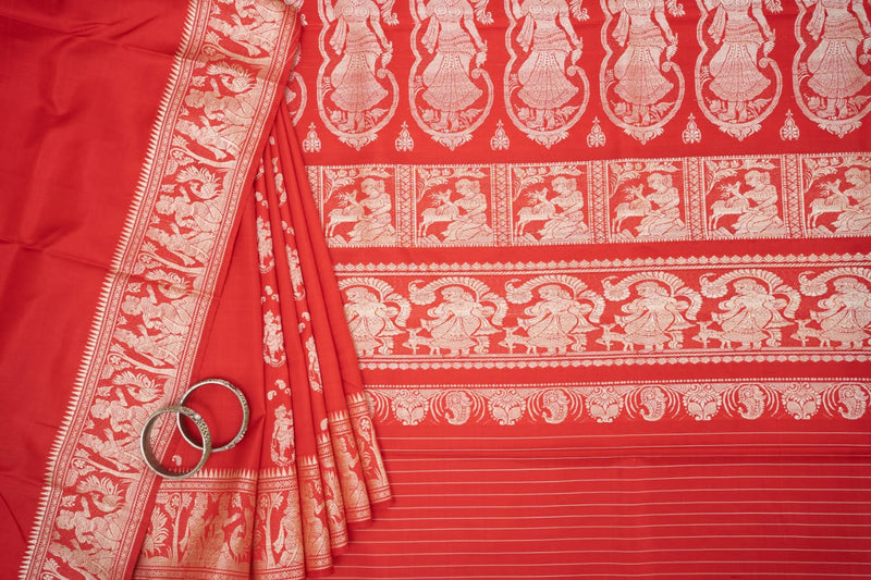 Tomato Red Coloured Resham Silk Baluchari