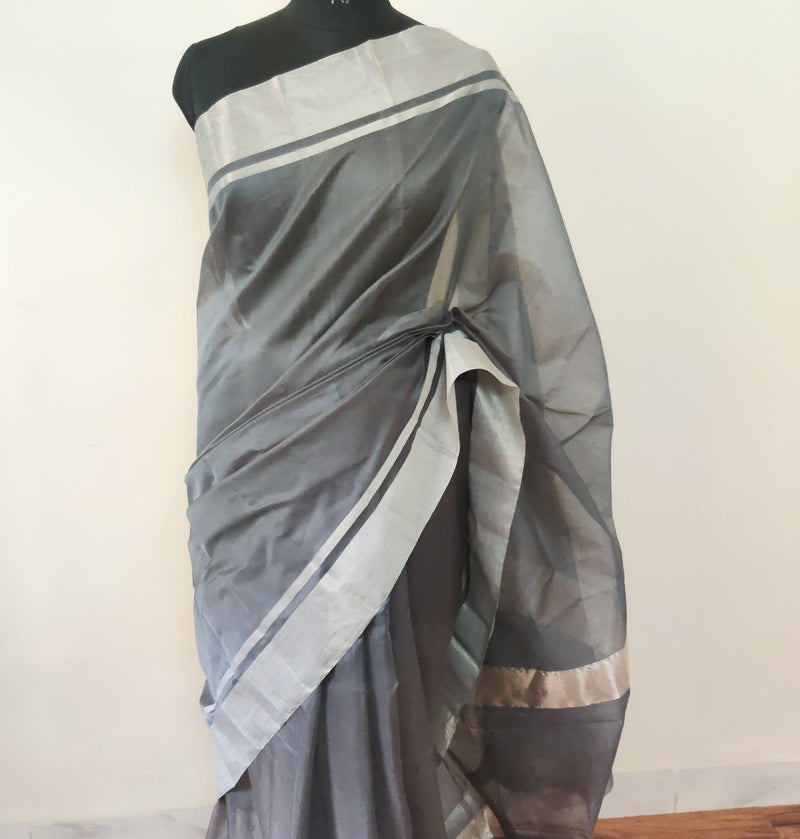 Chanderi Cotton Silk with Silver Zari - Grey