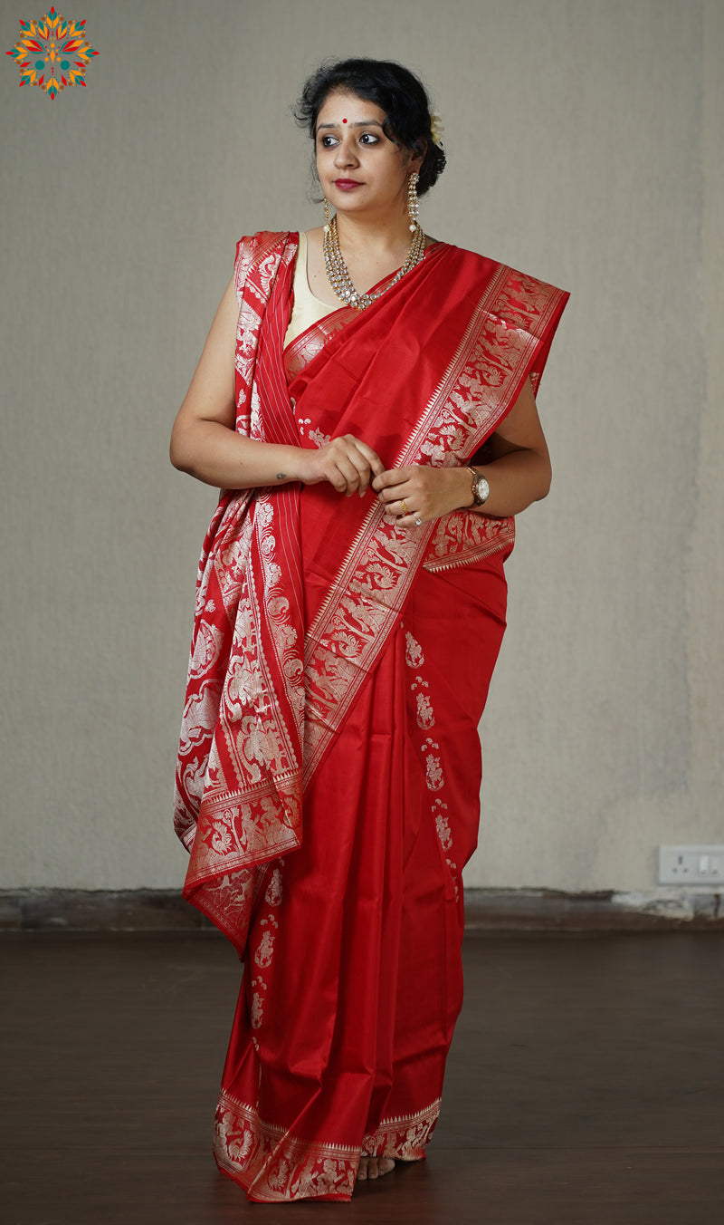 Tomato Red Coloured Resham Silk Baluchari