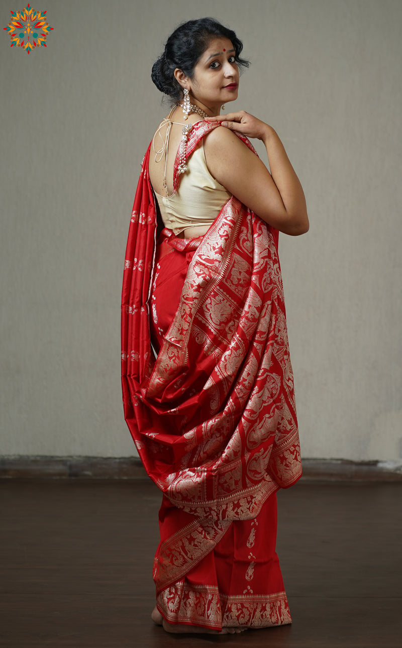 Tomato Red Coloured Resham Silk Baluchari