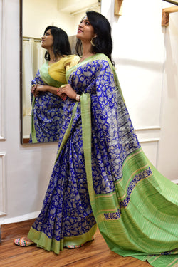Indooja: Printed Ghicha Tusser Silk Saree - Blue Green